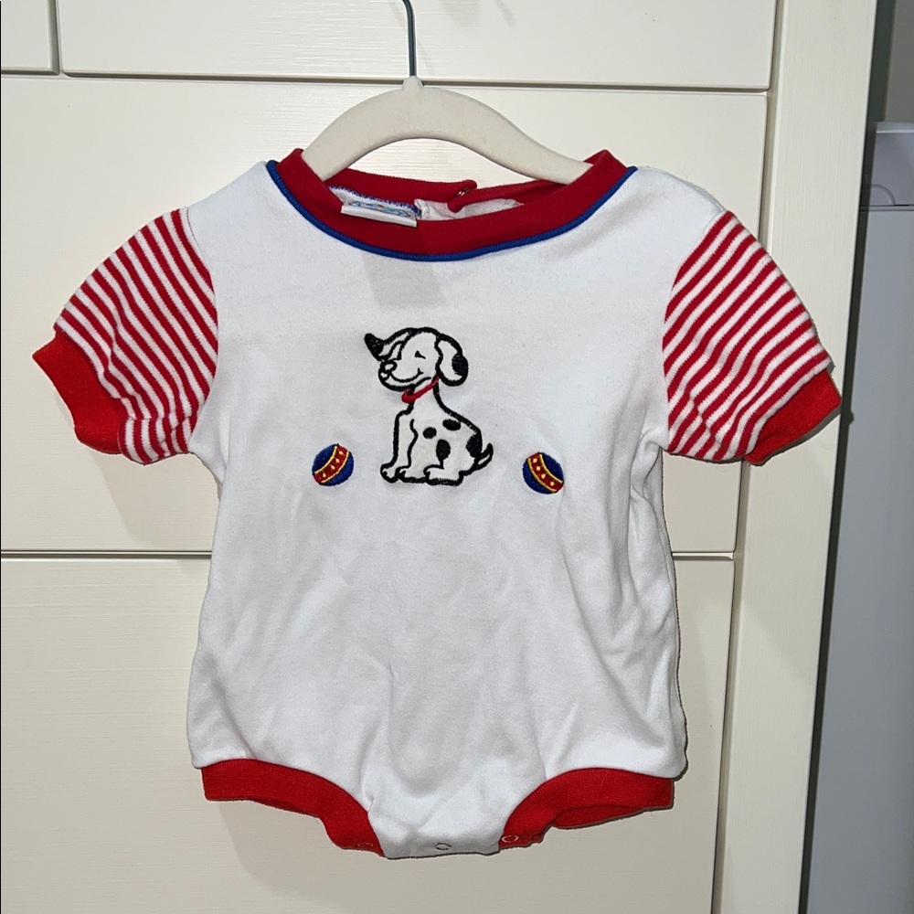 VINTAGE Red and White Baby Dalmatian Dog Ball Romper Striped Sleeve